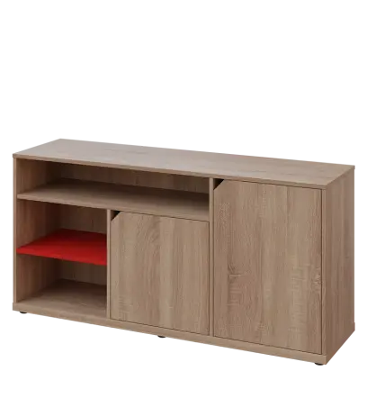 KU2-15DN3 P skříňka nízká 2-dveřová, nika, 740x1522x400, provedení pravé, korpus a dvířka dub bardolino/police červená